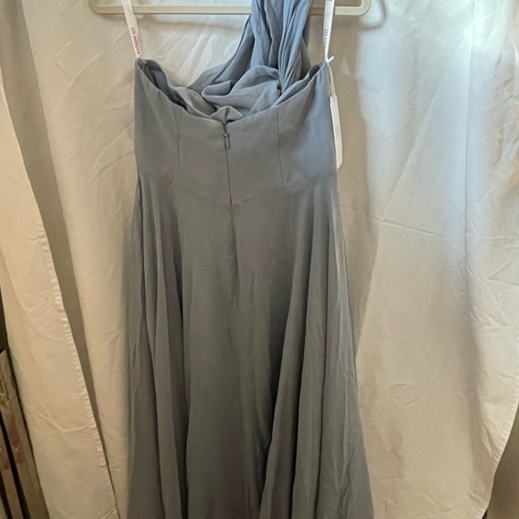 A-line Halter One Shoulder V-Neck Asymmetrical Chiffon Cocktail Dress Dusty Blue - Picture 8 of 10